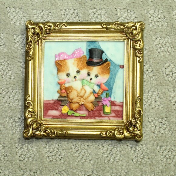 Miniature Cute & Funny Framed 4" x 4" Resin Cat Wall Art - Picture 1 of 4